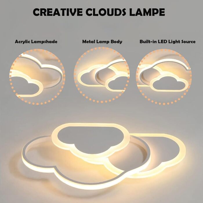 LED Ceiling Light for Kids' Room, Lamp Ceiling, 42CM Ceiling Lamp for Kids' Room, Dimmable with Remote Control, 32W Lamp for Kids' Room Ceiling Light, Clouds for Living Room, Bedroom