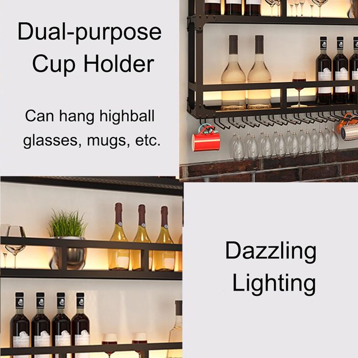 Металева полиця для вина на стіну з підсвічуванням, 80 см, чорний колір. Вузька шафа для вина, підставка для келихів, міні-бар для дому, кухні, вітальні. 3 яруси.