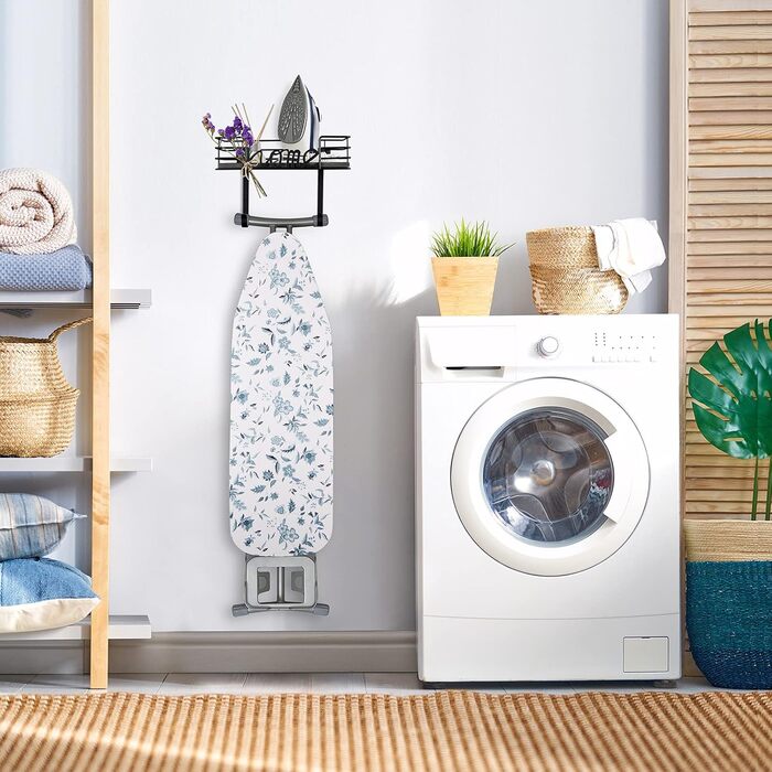 Настінна вішалка для праски TJ.MOREE з кошиком для зберігання та гачками (чорна)