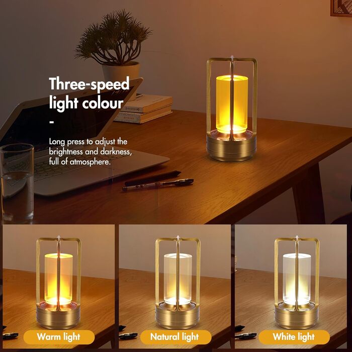 Торшер з торканням, бездротова LED лампа в стилі вінтаж, USB-зарядка, 3 кольори, регулювання яскравості, для спальні, офісу, вітальні, декор, подарунок (золотий)