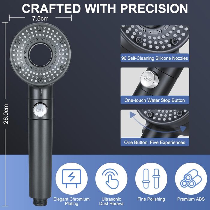 Насадка для душу з шлангом 2 м, фільтрована ручна лійка, високий тиск, економія води з мінеральними кульками, 5 режимів, стоп-функція для жорсткої води, залишків хлору, бактерій та важких металів, сірого кольору з шлангом