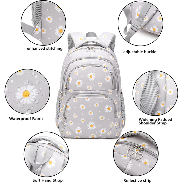 Шкільний рюкзак для дівчаток-підлітків, вінтажний рюкзак-сет, квітковий дизайн, рюкзак для ноутбука, шкільні сумки для жінок, школа, подорожі, з ланч-пакетом та пеналом 3 в 1, сірий