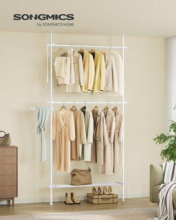 SONGMICS Telescopic Rod Clothes Rack, 3-Tier Wardrobe, Height and Width Adjustable, Open Closet with 2 Clothes Rods and Removable Shelf, Gripper Arm, HSR136B01 (Matt White, 1 Row (84B~123B cm))