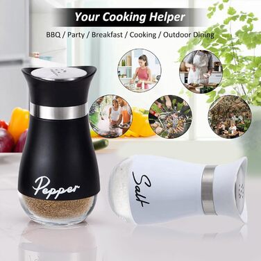 Набір солі та перцю: скляні та нержавіючі солі та перечниці для кухні, подорожей, BBQ. Чорний та білий колір.