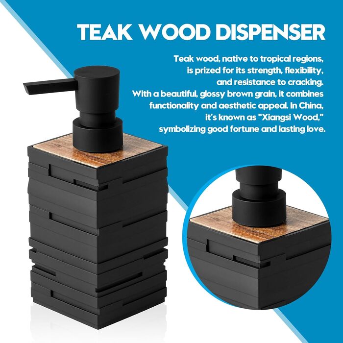 Диспенсер для мила та миючого засобу чорного кольору з дерева для кухні та ванної кімнати, з помповим дозатором