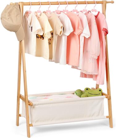 Relquorax Bamboo Children's Clothes Rack with Storage Bag and Clothes Rail, Dress-Up Stand, Small Wardrobe Rack, for Costumes in Children's Rooms (Natural Color)