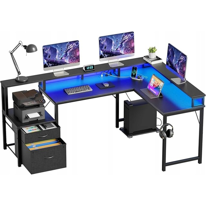 Великий кутовий ігровий стіл у формі L з LED-підсвіткою та полицею, 168x100 см