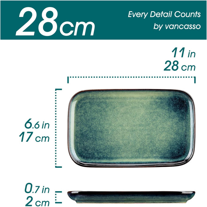 Набір сервірувальних тарілок Vancasso Stern (4 шт.) з кераміки, зелений. Тарілки для їжі, десерту, тортів, сніданку. Можна мити в посудомийній машині та використовувати в мікрохвильовці.