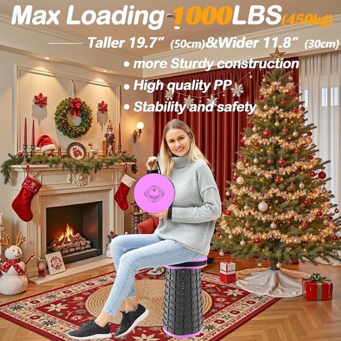 Складаний стілець Alevmoom з подушкою, телескопічний, 50см, 450кг, для кемпінгу та риболовлі (Новий фіолетовий)