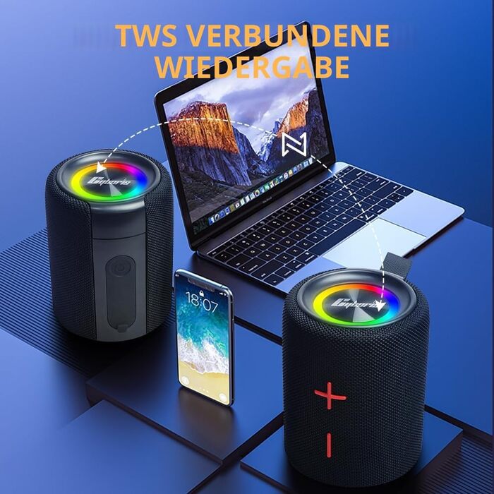 CYBORIS Bluetooth колонка 2-в-1 40W, водонепроникна, з басами, RGB підсвіткою, до 24 год роботи, для дому/вулиці/подорожей