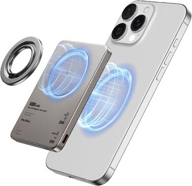 Power Bank KU XIU Magsafe 5000mAh: Тонкий, з підтримкою MagSafe, з кільцем для кріплення, PD 20W, для iPhone 17/16/15/14/13/12 (Титан)