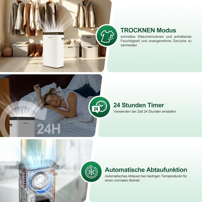 12L/Day Dehumidifier, Electric Dehumidifier with 1.2m Drain Hose, Room Dehumidifier with LED Display, Clothes Drying, Drain Hose, 24H Timer and Defrost, Ideal for Basements, Against Humidity