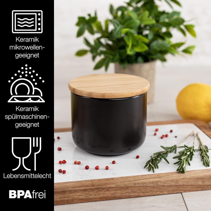 Керамічна банку Moritz & Moritz, чорна, 400 мл, з бамбуковою кришкою, для зберігання кави, чаю, круп, сипучих продуктів чи аксесуарів, з можливістю напису крейдою