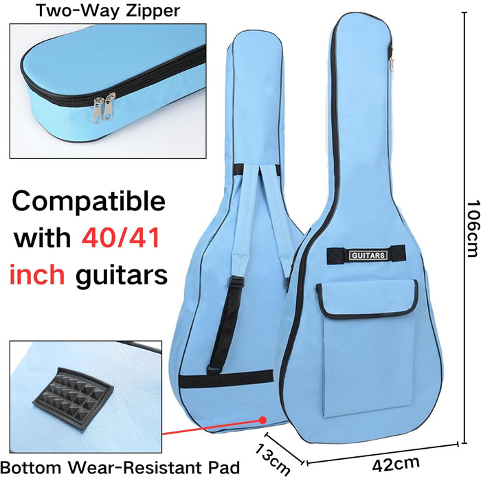 Водонепроникний гітарний кейс SUQ Oxford, 40/41 дюймів, з музичним принтом, нейлон, Gigbag для електро-, акустичної та концертної гітари, ударостійкий, 8 мм, водонепроникний (блакитний)