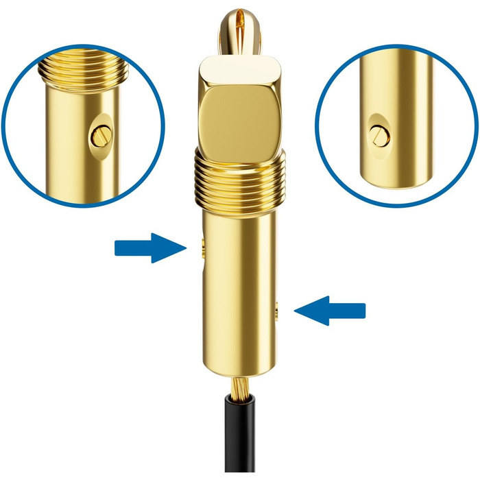 Набір бананових конекторів deleyCON 4 шт. 90° з позолотою, гвинтовий, для акустичних кабелів, 0,75-4,5 мм, Hi-Fi, домашній кінотеатр
