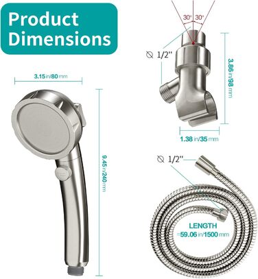 MIAOHUI Modern Handheld Showerhead with On/Off Switch, High-Pressure Showerhead with Handheld, 3 Spray Settings, Detachable Showerhead with Hose, Adjustable Shower Holder (Brushed Nickel)