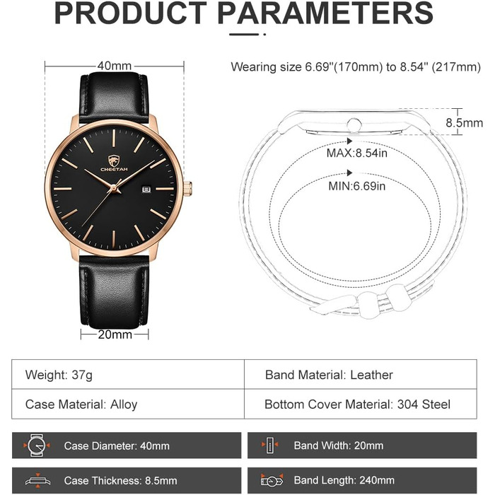 Чоловічий годинник Cheeta: мінімалістичний дизайн, кварцовий механізм, водостійкість 3 ATM, шкіряний ремінець, дата, спортивний стиль, рожеве золото, чорний колір