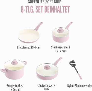 Набір керамічного посуду GreenLife Soft Grip, антипригарне покриття без PFAS, 8 предметів, рожевий