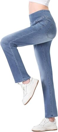 Жіночі джинси Dunke Bau: Прямі джинси-джеггінси з високою талією, еластичний денім, 4 кишені, модний bootcut, середньо-синій колір, розмір S (29)