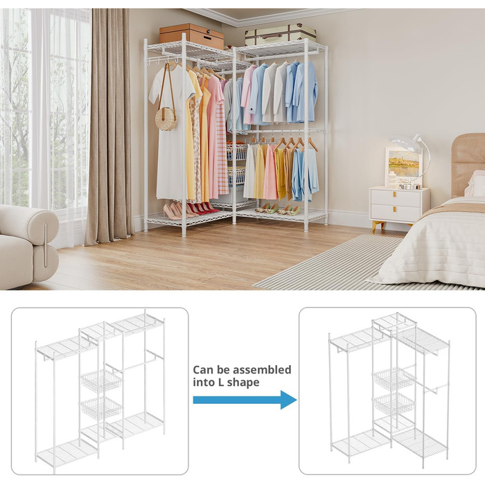Heavy-Duty Clothes Rack, Clothes Rod, Wardrobe, Freestanding Clothes Rail with Height-Adjustable Shelves and Storage Baskets, Load Capacity up to 320 kg, White