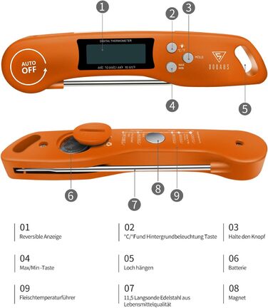 Цифровий термометр для м'яса DOQAUS: приготування на грилі, BBQ, приготування їжі. Швидке зчитування, довга сонда, LCD-дисплей, автовимкнення.