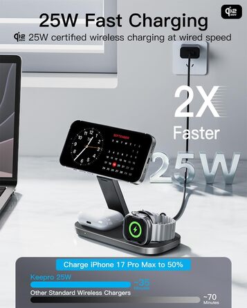Бездротова зарядка 25W 3-в-1 з MagSafe, складана індуктивна магнітна зарядна станція для iPhone 17/Air/16/15/14/13/12, Apple Watch 10/9/8/7/6/SE/5/4/3 та AirPods Pro (з адаптером 35W), чорна