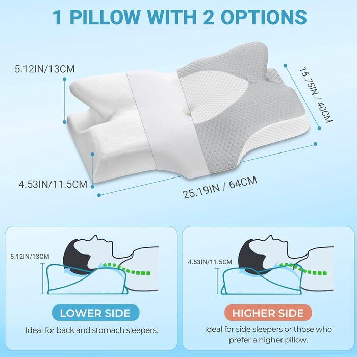 Подушка ортопедична Elviros з піни Memory Foam для сну на боку, комплект 2 шт (64x12.5/10.5x38 см), біла - підтримка шиї, зменшення болю в шиї