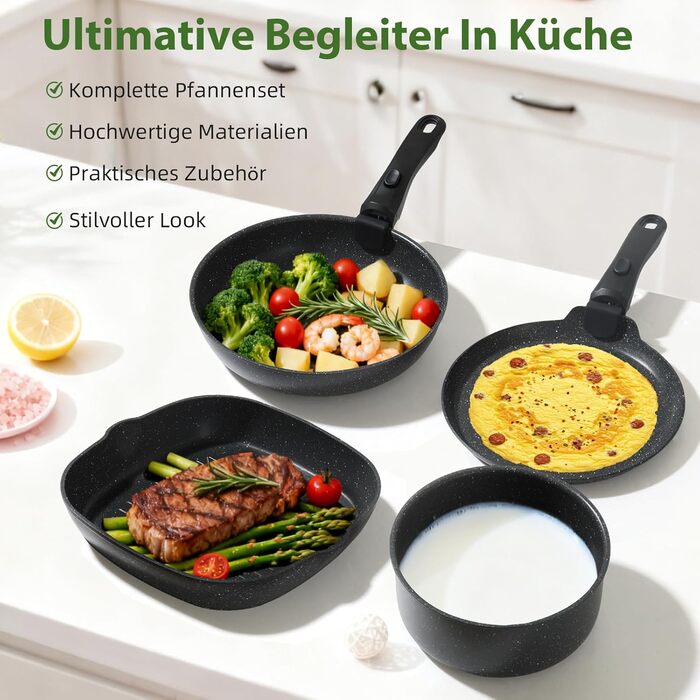 Набір каструль та сковорідок Induktion GMISUM 22 шт. з знімними ручками, для всіх типів плит, чорний