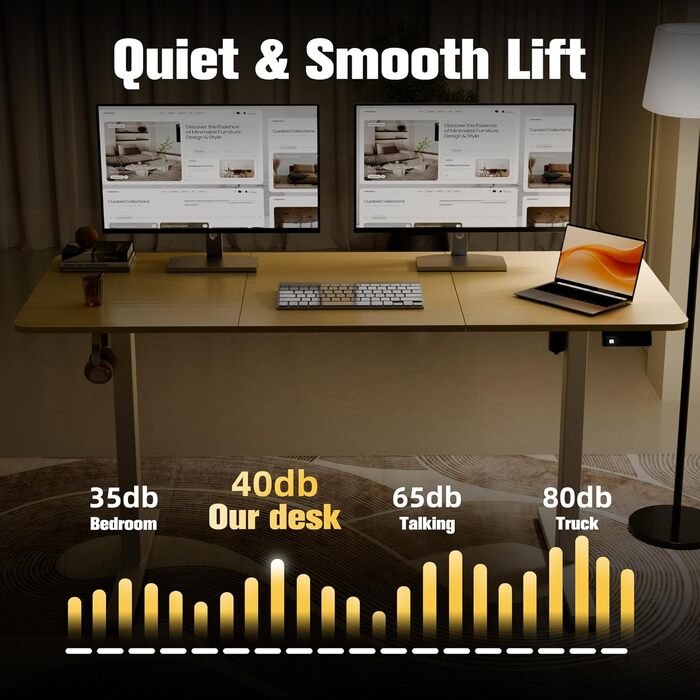 Ergonomaker Electric Height Adjustable Desk - Small Standing Desk with 2-Section Tabletop - Home Office Desk (White Frame + Oak Tabletop) - 140 x 60 cm