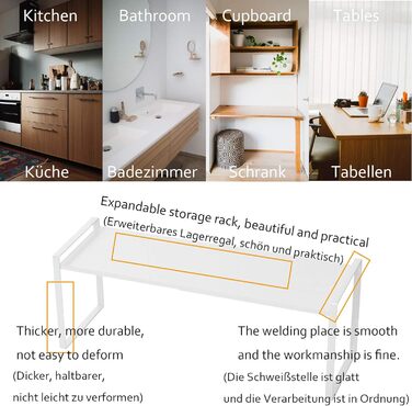 KZOBYD Expandable Kitchen Shelf, Foldable Kitchen Cabinet Shelf Spice Rack Organizer for Dishes and Supplies Stackable Kitchen Storage Organizer for More Storage Space (White, M)