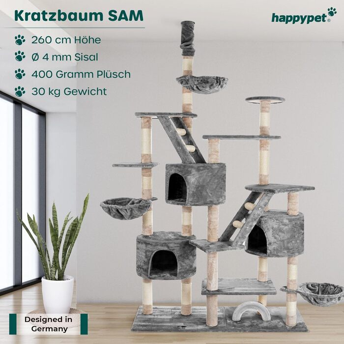 HAPPYPET Дряпка для котів 260 см – велика, стійка, для кількох котів, з аксесуарами, сіра