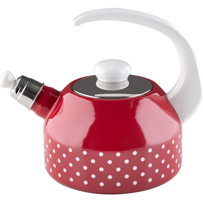 Riess, 0543-077, Whistling Kettle Plus, COUNTRY - DOT RED, Diameter 18 cm, Height 21.7 cm, Capacity 2 liters, Enamel, red, Induction 2 liters Red/White