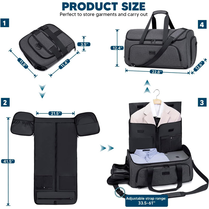 Suit bag, garment bag, travel duffel bag for suits, convertible garment duffel bag for men and women, 4 in 1 suit bag hanging bag with shoe bag