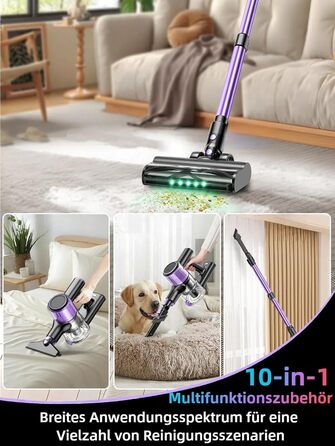 Бездротовий акумуляторний пилосос 45000 Па/500 Вт/45 хв з LED-дисплеєм та щіткою проти намотування, висувний шланг 73 см для твердих поверхонь, килимів, шерсті тварин, фіолетовий