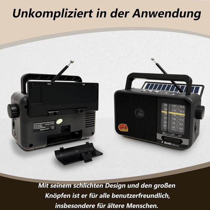 Портативна радіоприймач Klein з сонячною панеллю та акумулятором 1200mAh, AM/FM/SW, 8W динамік, TWS/USB/TF, для кемпінгу, надзвичайних ситуацій та відпочинку на природі (сірий)