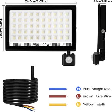 NATPOW LED Flood Light with Motion Sensor, Outdoor, 100W LED Floodlight with IP66 Waterproof, 6000K Super Bright Spotlight for Garden, Garage, Sports Field, Backyard (2 Pack) (100w-1p)