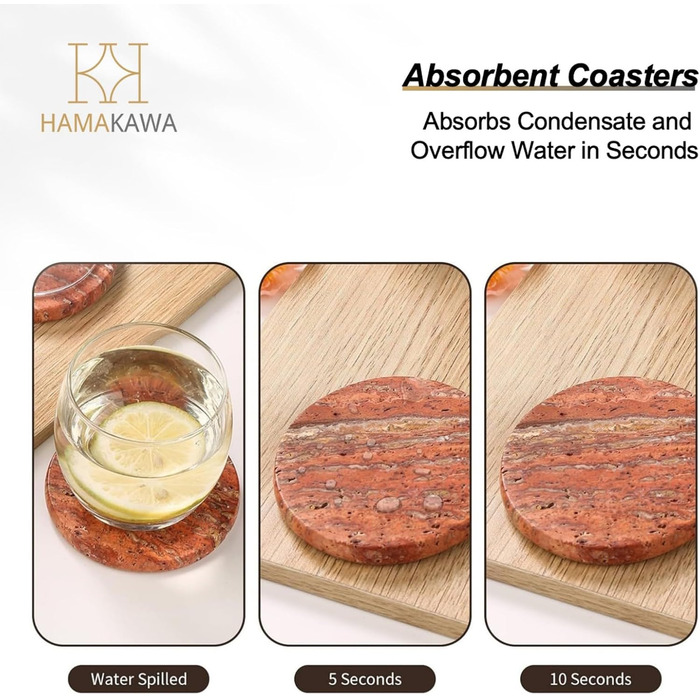 HAMAKAWA Genuine Natural Marble Coasters, Set of 4, Red Stone Coasters Φ10cm, Modern Round Travertine Drink Coasters for Home Decoration, Coffee Table, Office