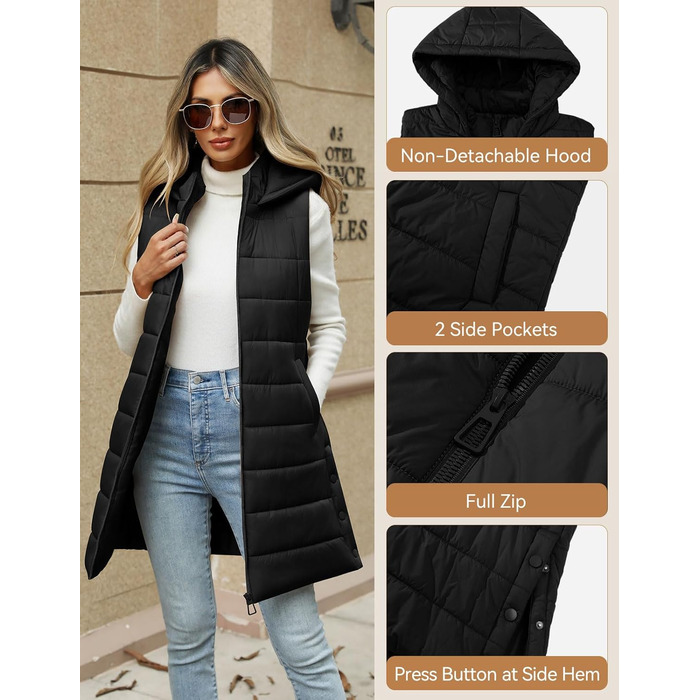 Легка степкова жилетка CTOP з капюшоном, чорна, XL. Зручна жилетка для переходу між сезонами, з блискавкою та кишенями. Ідеальна для піших прогулянок та кемпінгу.