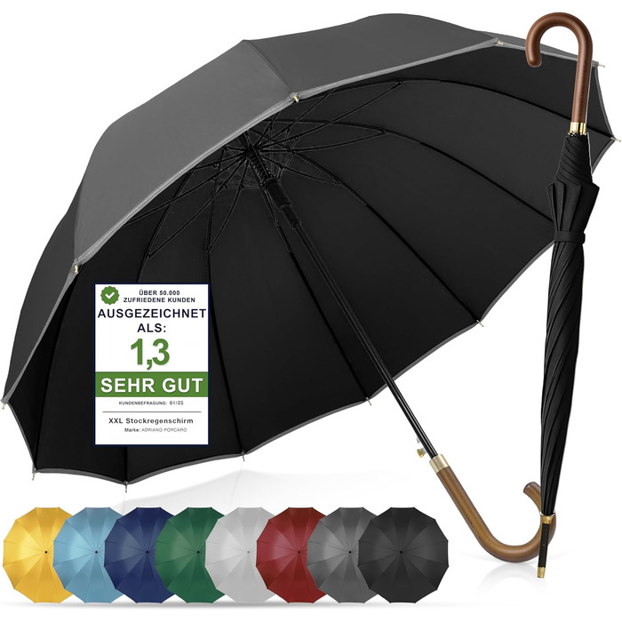 Стійкий до вітру парасолька: великий парасолька Ø120см з відбиваючим краєм, 12 спиць, з чохлом - для чоловіків та жінок, оливковий (чорний)