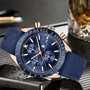 Годинник чоловічий BENYAR з коричневим шкіряним ремінцем, кварцовий хронограф, дата, календар, водостійкий, спортивний, з блакитним циферблатом (золотий корпус)