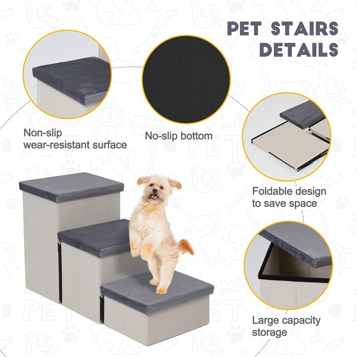 HOMCENT 3-Step Pet Stairs for Dogs and Cats, Foldable Dog Stairs with Ample Storage Space, also Suitable as a Cat Stair, 74x33x44CM
