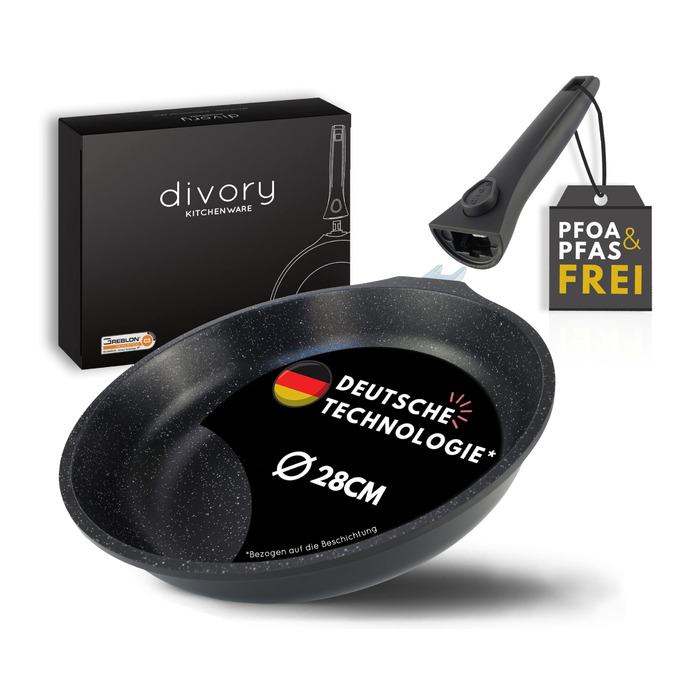 Пательня велика 28 см з антипригарним покриттям, знімною ручкою, для всіх типів плит (індукція) + захисні підкладки з повсті, без PFOA/PFOS, чорна