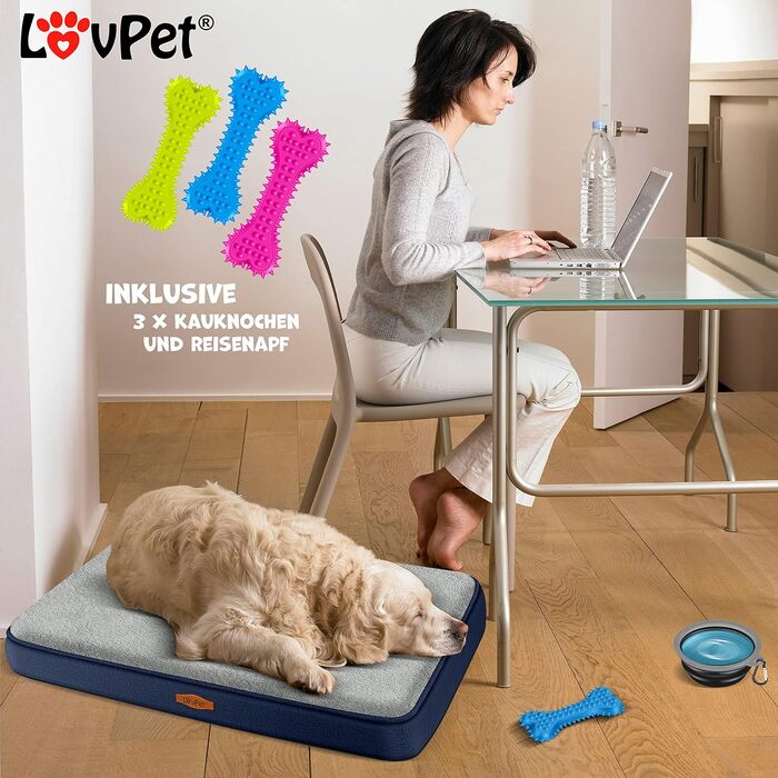 Lovpet® Orthopedic Dog Bed, Dog Cushion, Dog Basket Cookie, Incl. Bowl + 3X Chew Bones, Dog Sofa for Small, Medium & Large Dogs, Removable and Washable Cover, L 91x69x7.6 cm Anthracite (M (76 x 51 x 7.6 cm), Navy Blue / Light Grey)
