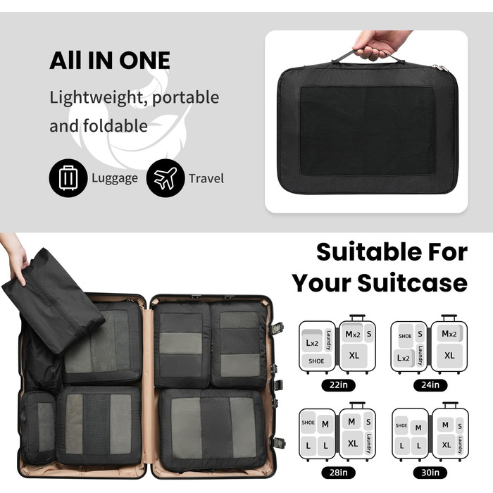 Комплект органайзерів для валізи (8 шт.) чорного кольору - компресійні куби для подорожей з сітчастим вікном, розширювані, портативні