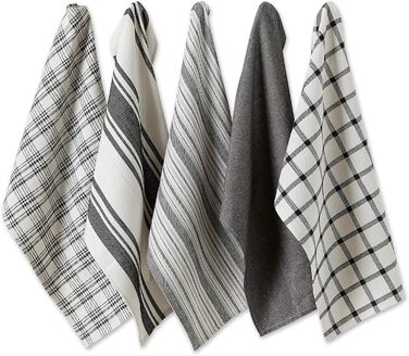 DII Sorted, Woven Kitchen Dish Towel Set, Cotton, Black, 18x28, 5