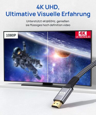 Кабель HDMI JSAUX 4K 3 метри (4K@60Hz, HDMI 2.0, 18Gbps) - Плоский, нейлонова обплітання, High Speed, сірий. Підтримка HDR, UHD 2160p, 1080p, 3D, Ethernet, ARC для PS3/4, TV, PC