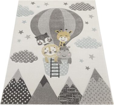 Paco Home Rug Children's Room Boy Girl Kids Rug Play Rug Short Pile 3D Optics Mountains Stars Clouds Animals Cream Gray Blue Yellow, Size: 160x230 cm 160 x 230 cm (Rectangular) Cream