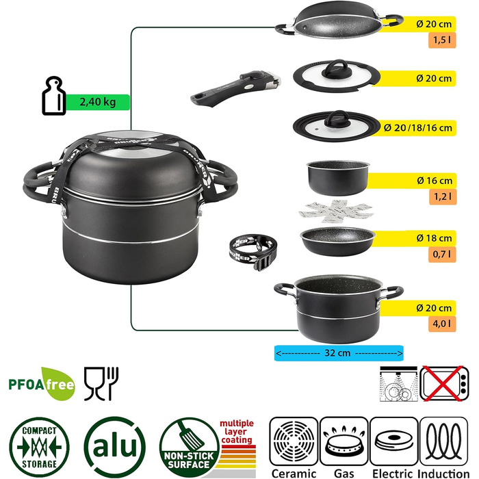 Набір кухонного посуду для кемпінгу BRUNNER Vakublock (алюмінієвий) - 7+1 предметів, для 4 осіб, з антипригарним покриттям, легкий, високоякісний, штакельний. Діаметр: 20, 22 або 24 см