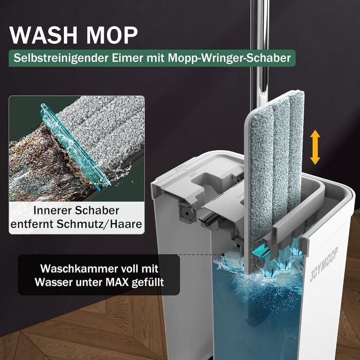 JOYMOOP Mop and Bucket Set with Wringer for Home, Flat Mop and Bucket System, Mops for Floor Cleaning and Wall Cleaner, with 3 Reusable Microfiber Mop Pads