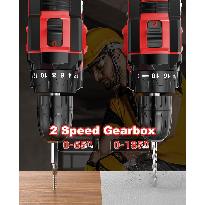 Акумуляторний шуруповерт 21V з набором 2 акумуляторів та 14 аксесуарів, кейс, 42Nm, 18+1 режимів, 10мм патрон, для дому